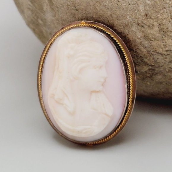 Antique Pink Shell Carved Cameo Gold and 900 Silver Oval Brooch Pendant - Picture 2 of 10
